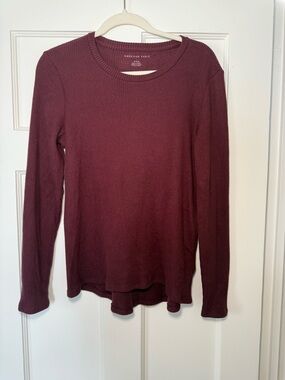 American Eagle Outfitters Long Sleeve Waffle-Knit Top - Maroon